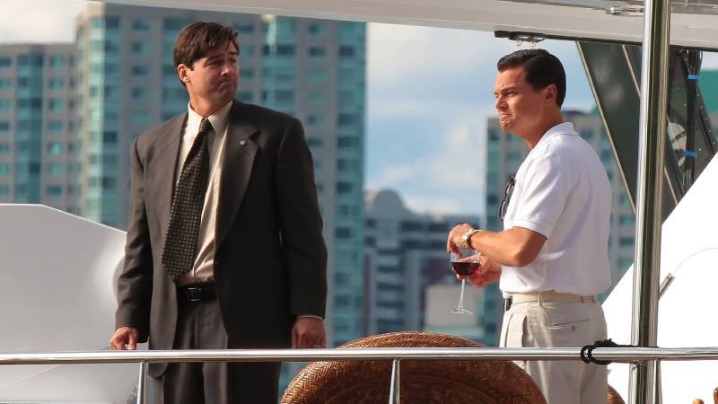 Leonardo DiCaprio and Kyle Chandler on the set of "The Wolf of Wall Street."