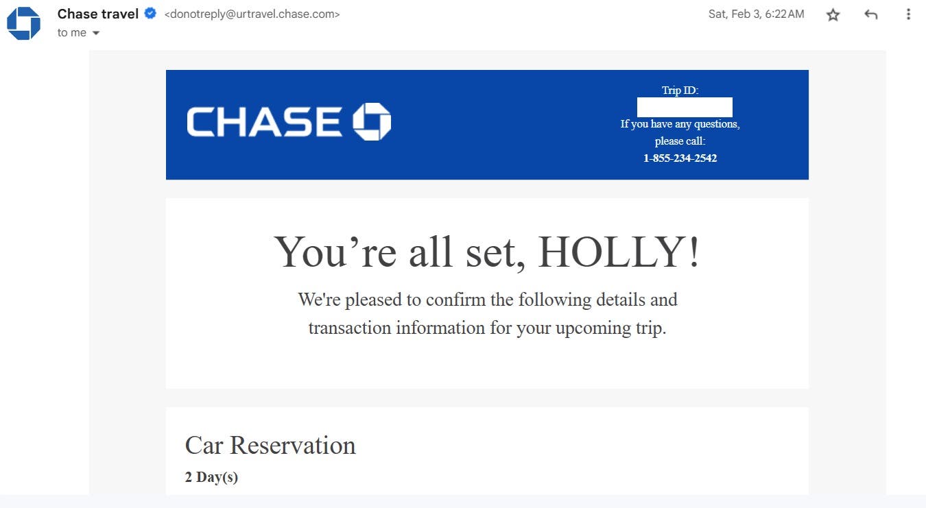 Confirmation screen after booking on Chase Travel