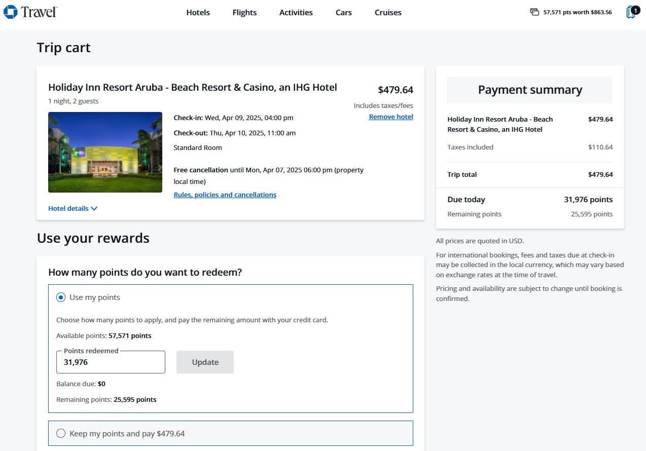 Example of booking with points through IHG